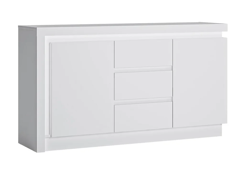 Modernaus dizaino komoda baltos blizgios spalvos su LED apšvietimu.