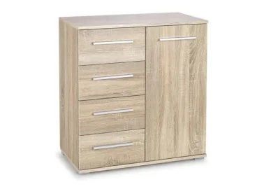 Minimalistiška ir praktiška rudos (Sonoma ąžuolo) spalvos komoda Lima KM-2. Komoda su keturiais stalčiais ir vienomis atveriamomis durelėmis.