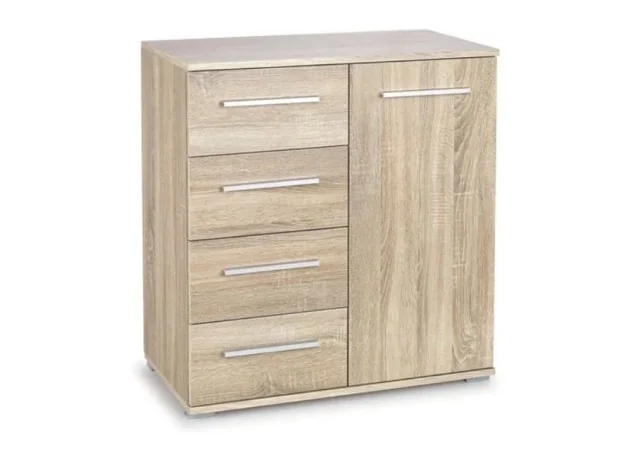 Minimalistiška ir praktiška rudos (Sonoma ąžuolo) spalvos komoda Lima KM-2. Komoda su keturiais stalčiais ir vienomis atveriamomis durelėmis.