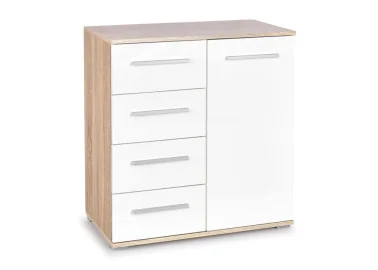 Minimalistinė ir praktiška baltos ir rudos (Sonoma ąžuolo) spalvų derinio komoda Lima KM-2. Komoda su keturiais stalčiais ir vienomis atveriamomis durelėmis.