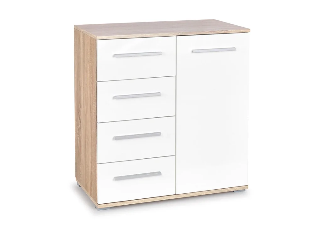Minimalistinė ir praktiška baltos ir rudos (Sonoma ąžuolo) spalvų derinio komoda Lima KM-2. Komoda su keturiais stalčiais ir vienomis atveriamomis durelėmis.