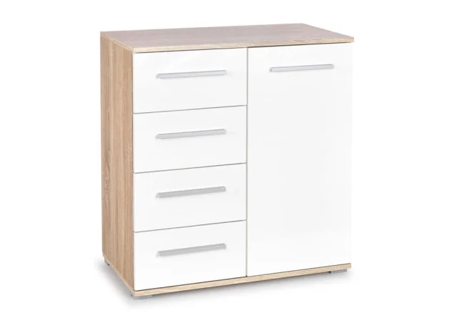 Minimalistinė ir praktiška baltos ir rudos (Sonoma ąžuolo) spalvų derinio komoda Lima KM-2. Komoda su keturiais stalčiais ir vienomis atveriamomis durelėmis.