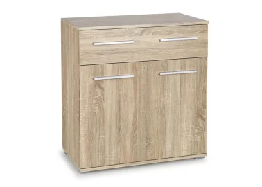 Minimalistinė ir praktiška rudos (Sonoma ąžuolo) spalvos komoda Lima KM-1. Komoda su keturiais stalčiais ir vienomis atveriamomis durelėmis.