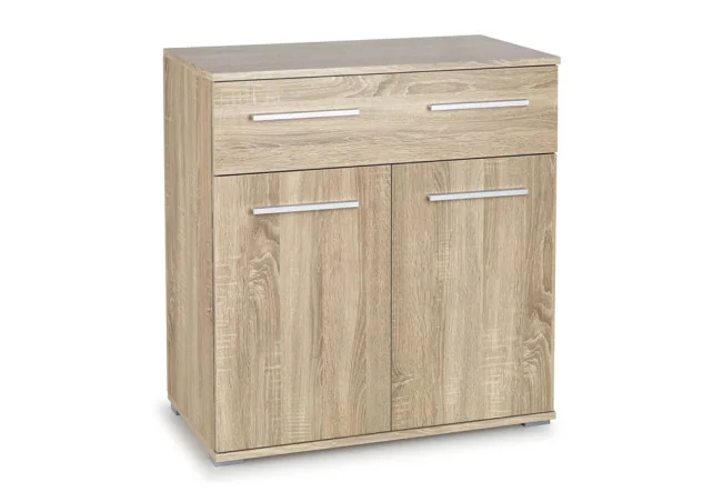 Minimalistinė ir praktiška rudos (Sonoma ąžuolo) spalvos komoda Lima KM-1. Komoda su keturiais stalčiais ir vienomis atveriamomis durelėmis.