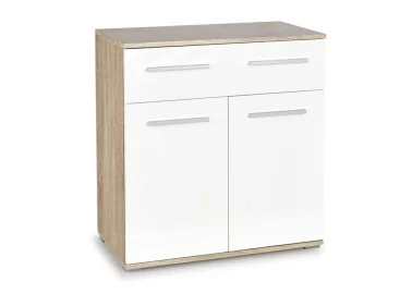 Minimalistinė ir praktiška baltos ir rudos (Sonoma ąžuolo) spalvų komoda Lima KM-1. Komoda su keturiais stalčiais ir vienomis atveriamomis durelėmis.