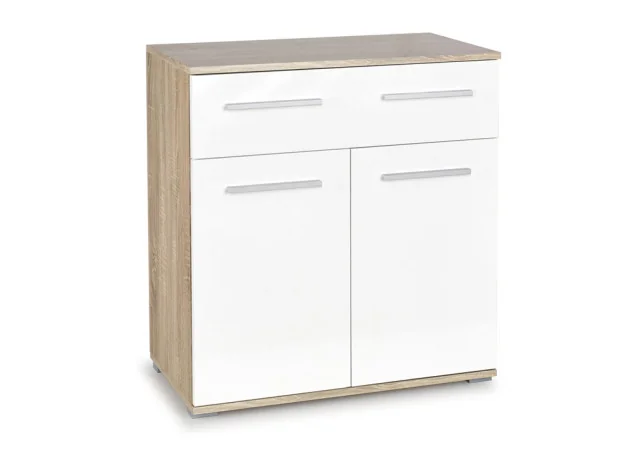 Minimalistinė ir praktiška baltos ir rudos (Sonoma ąžuolo) spalvų komoda Lima KM-1. Komoda su keturiais stalčiais ir vienomis atveriamomis durelėmis.
