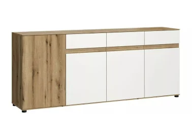 Šiuolaikiška komoda su stalčiais ir lentynom platininės baltos ir Evoke ažuolo spalvos.