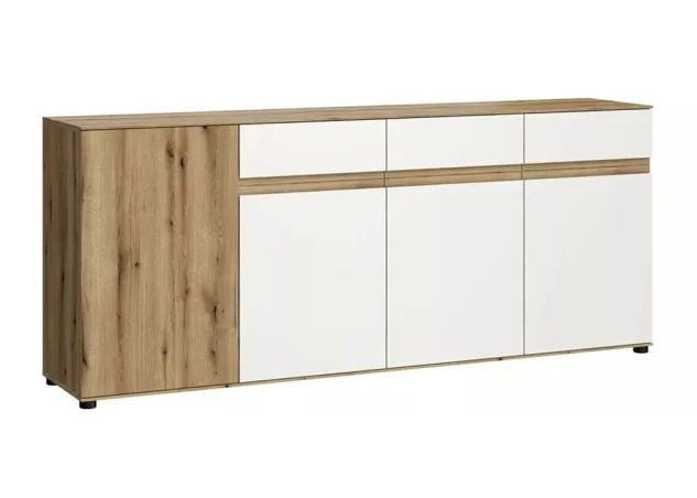 Šiuolaikiška komoda su stalčiais ir lentynom platininės baltos ir Evoke ažuolo spalvos.