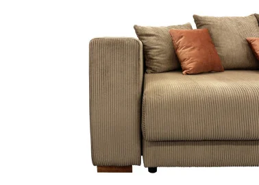 Ypatingai žavi, minkšta ir patogi smėlio spalvos sofa-lova ALL-CHI nepaliks abejingų! Sofa-lova su aukštos kokybės velvetiniu audiniu, erdvia patalynės dėže ir miegama dalimi, kurios dydis net 160 x 200 cm!