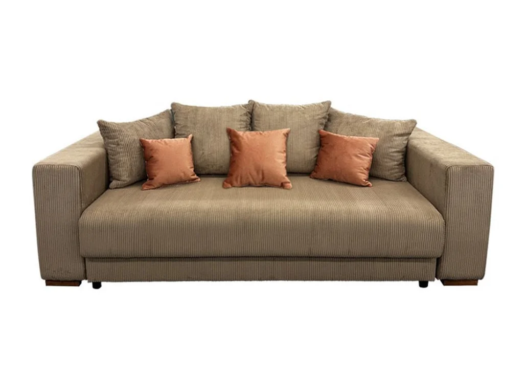 Ypatingai žavi, minkšta ir patogi smėlio spalvos sofa-lova ALL-CHI nepaliks abejingų! Sofa-lova su aukštos kokybės velvetiniu audiniu, erdvia patalynės dėže ir miegama dalimi, kurios dydis net 160 x 200 cm!