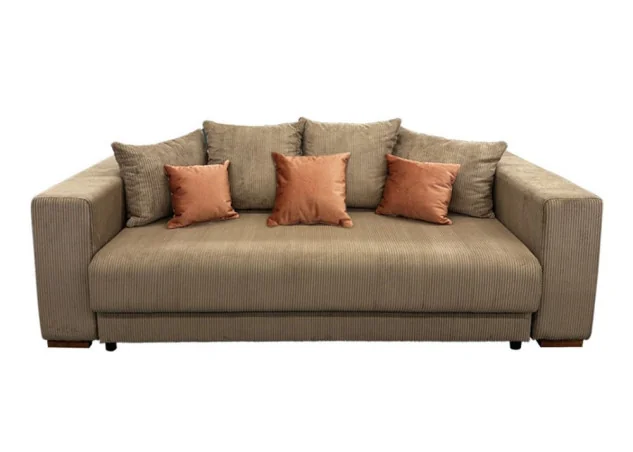 Ypatingai žavi, minkšta ir patogi smėlio spalvos sofa-lova ALL-CHI nepaliks abejingų! Sofa-lova su aukštos kokybės velvetiniu audiniu, erdvia patalynės dėže ir miegama dalimi, kurios dydis net 160 x 200 cm!
