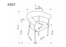 Smėlio spalvos unikalios formos kėdė K557 su minkštu lenktu atlošu. Dailus milteliniu būdu dažyto metalo rėmas ir kėdės lenta forma suteikia kėdei lengvumo pojūtį.
