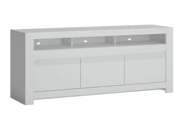 Minimalistinio stiliaus TV staliukas matinės baltos spalvos.
