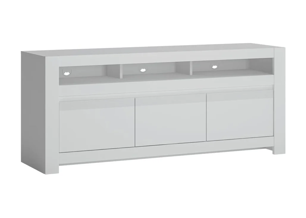 Minimalistinio stiliaus TV staliukas matinės baltos spalvos.
