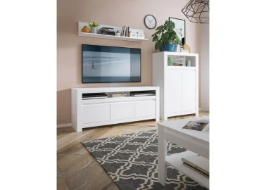 Minimalistinio stiliaus TV staliukas matinės baltos spalvos.