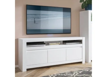Minimalistinio stiliaus TV staliukas matinės baltos spalvos.