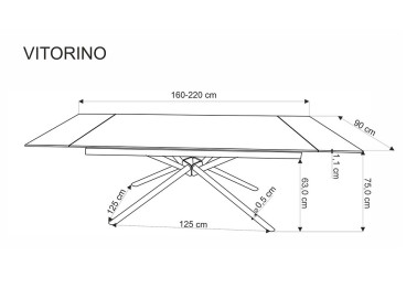 Modernaus dizaino išskleidžiamas stalas Vitorino su juodo marmuro raštu dekoruotu stalviršiu ir tvirtomis juodomis metalinėmis kojomis. Stalas išsiskleidžia nuo 160 cm iki 220 cm.