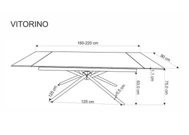 Modernaus dizaino išskleidžiamas stalas Vitorino su juodo marmuro raštu dekoruotu stalviršiu ir tvirtomis juodomis metalinėmis kojomis. Stalas išsiskleidžia nuo 160 cm iki 220 cm.