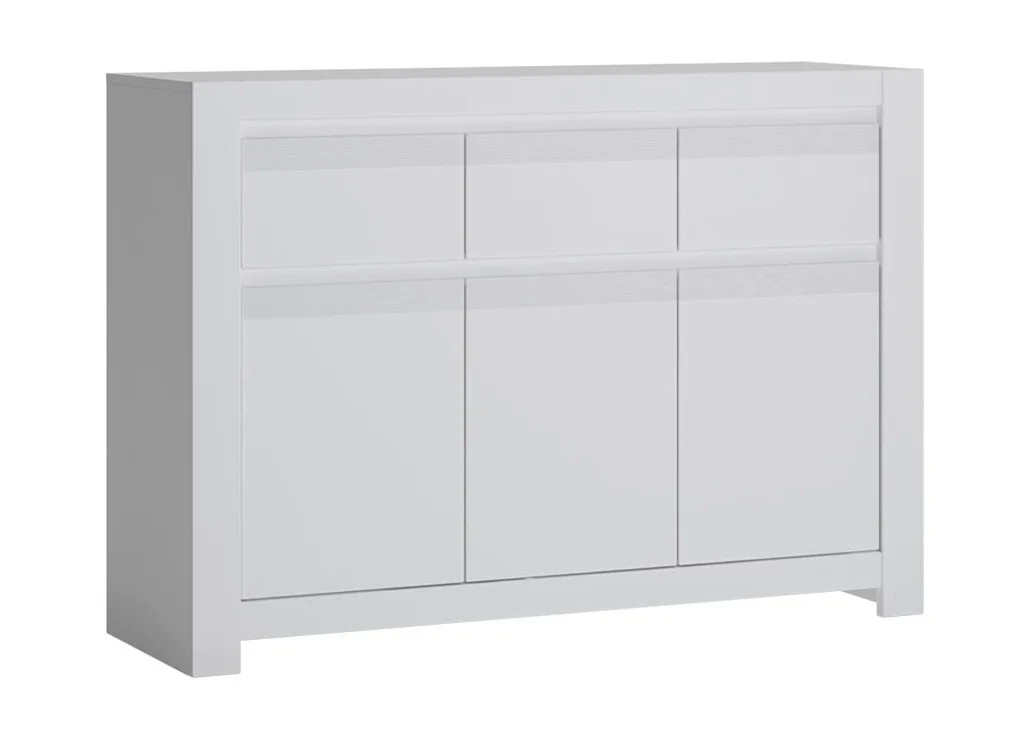 Minimalistinio stiliaus komoda matinės baltos spalvos.