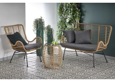 Skandinaviško dizaino subtili rudos spalvos dvivietė sofa Ikaro XL. Sofa pagaminta iš metalo rėmo, apsukto ratanu.