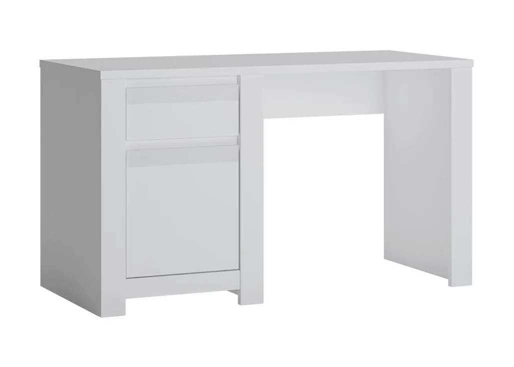 Minimalistinio stiliaus rašomasis stalas matinės baltos spalvos.