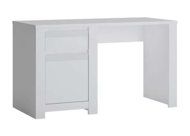 Minimalistinio stiliaus rašomasis stalas matinės baltos spalvos.