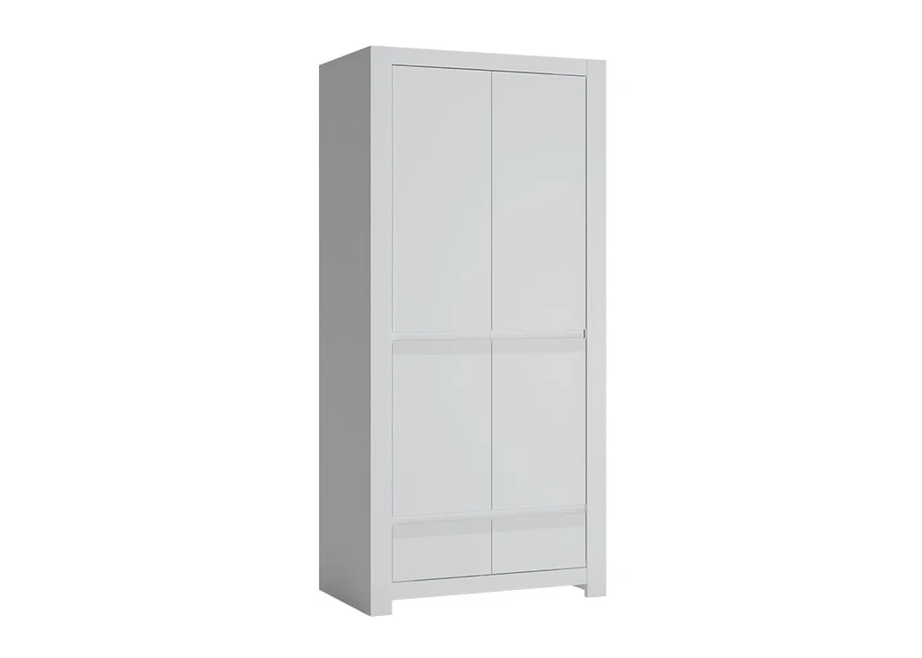 Minimalistinio stiliaus dviejų durų spinta matinės baltos spalvos.