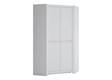 Minimalistinio stiliaus dviejų durų kampinė spinta matinės baltos spalvos.
