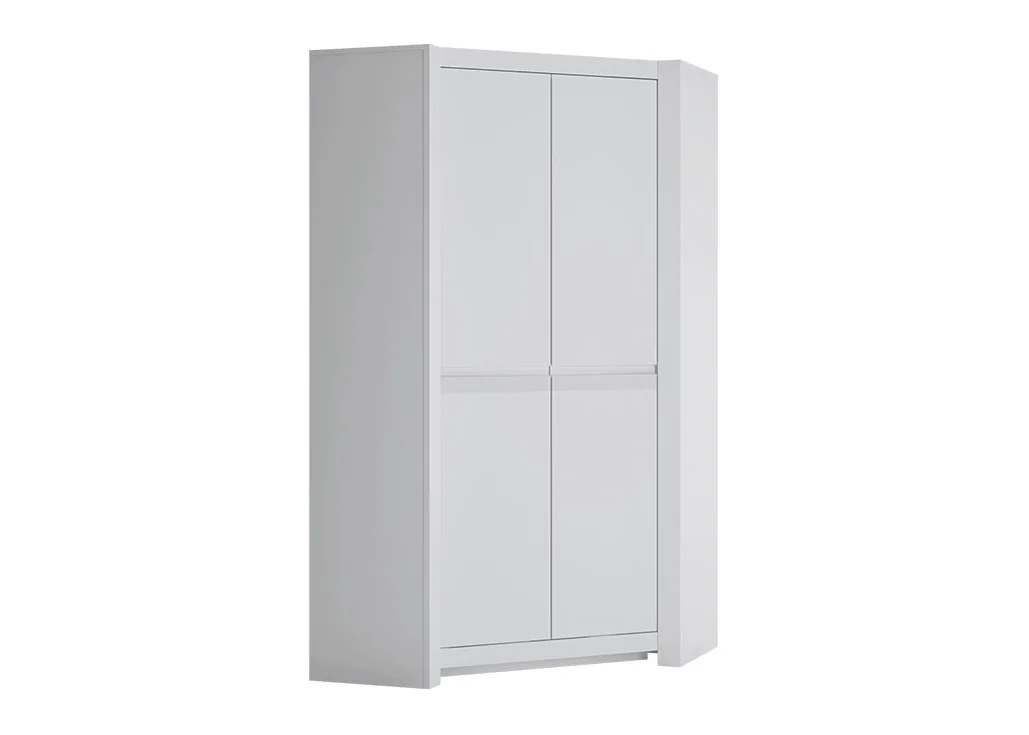 Minimalistinio stiliaus dviejų durų kampinė spinta matinės baltos spalvos.