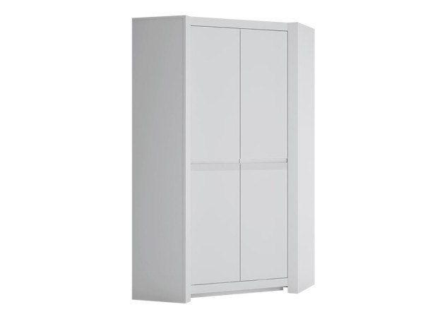 Minimalistinio stiliaus dviejų durų kampinė spinta matinės baltos spalvos.