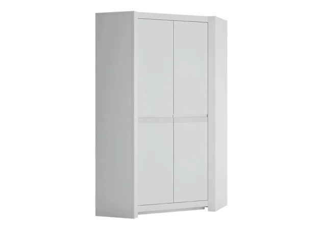 Minimalistinio stiliaus dviejų durų kampinė spinta matinės baltos spalvos.