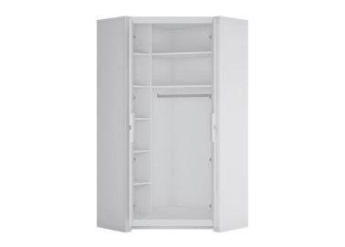 Minimalistinio stiliaus dviejų durų kampinė spinta matinės baltos spalvos.