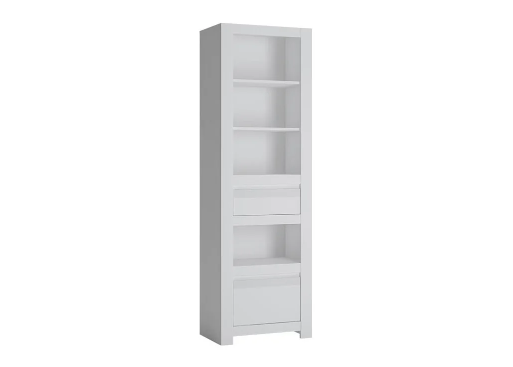 Minimalistinio stiliaus aukšta ir siaura knygų spinta matinės baltos spalvos.