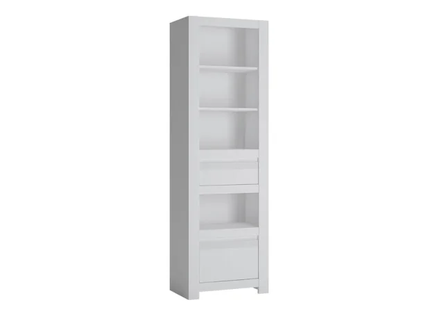 Minimalistinio stiliaus aukšta ir siaura knygų spinta matinės baltos spalvos.