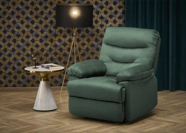 Žalios spalvos veliūrinis modernios klasikos fotelis Drager. Šis fotelis su reglainerio funkcija leis visiškai atsipalaiduoti ir pailsėti.