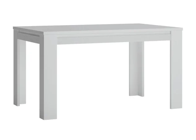 Minimalistinio stiliaus išskleidžiamas stalas matinės baltos spalvos.