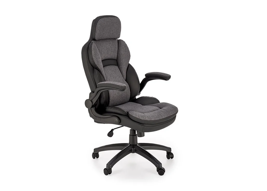 Pilkos ir juodos spalvos derinio ergonomiška biuro kėdė Valerio. Kėdė su TILT mechanizmu, su reguliuojamais porankiais ir plastikiniais ratukais, apsiūta eko odos ir gobeleno deriniu.