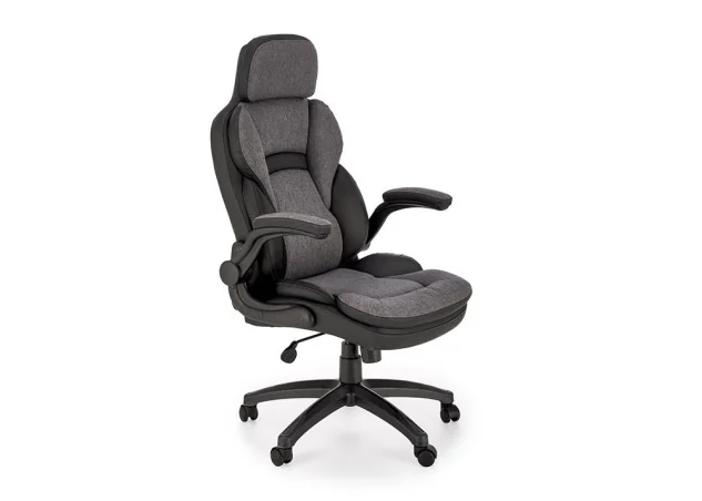 Pilkos ir juodos spalvos derinio ergonomiška biuro kėdė Valerio. Kėdė su TILT mechanizmu, su reguliuojamais porankiais ir plastikiniais ratukais, apsiūta eko odos ir gobeleno deriniu.