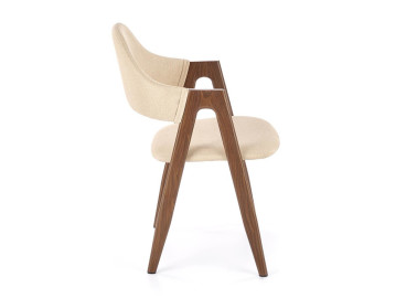 Smėlio spalvos elegantiška modernaus dizaino kėdė K344. Kėdė apmušta kokybišku tvirtu gobelenu, o kojelės pagamintos iš milteliniu būdu dažyto plieno.