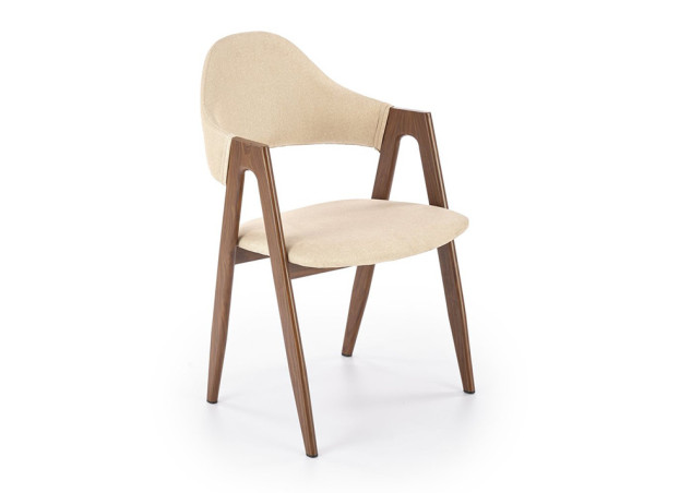 Smėlio spalvos elegantiška modernaus dizaino kėdė K344. Kėdė apmušta kokybišku tvirtu gobelenu, o kojelės pagamintos iš milteliniu būdu dažyto plieno.
