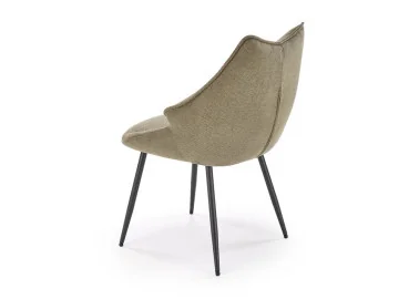 Alyvuogių spalvos elegantiška išskirtinės formos valgomojo kėdė K543. Kėdė apsiūta aukštos kokybės gobelenu, o kojelės pagamintos iš milteliniu būdu dažyto plieno.