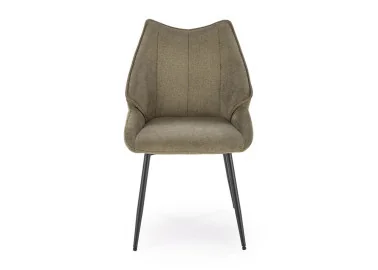 Alyvuogių spalvos elegantiška išskirtinės formos valgomojo kėdė K543. Kėdė apsiūta aukštos kokybės gobelenu, o kojelės pagamintos iš milteliniu būdu dažyto plieno.