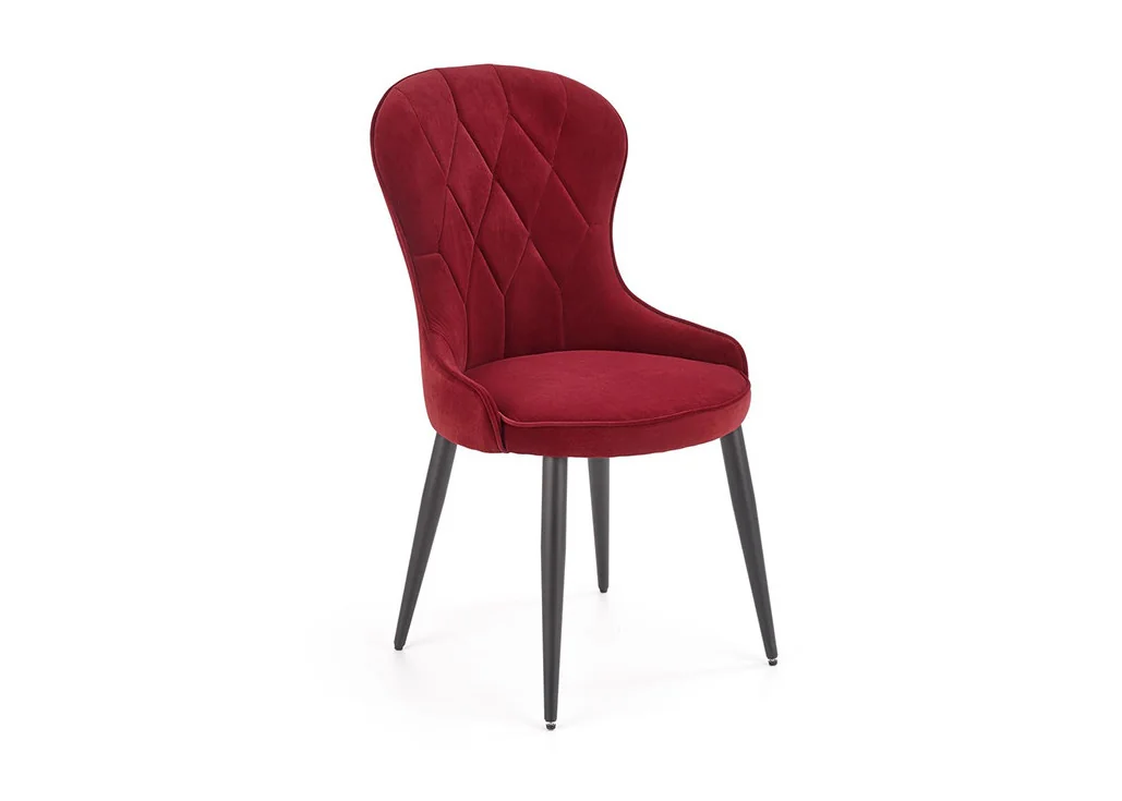Bordo spalvos klasikinio stiliaus kėdė K366 su rombo formos dygsniais. Tvirtas veliūrinis audinys, stabilios metalinės kojos ir ergonomiška kėdės forma - suteiks ypatingai komfortišką sėdėjimą.