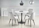 Elegantiškas apvalus valgomojo stalas Ambarsio. Stalo stalviršis pagamintas iš stiklo, dekoruoto baltos spalvos marmuro raštais, o masyvi koja pagaminta iš milteliniu būdu dažyto plieno.