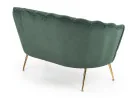 Elegantiška žalios spalvos veliūrinė sofa Amorinito XL. Ši dvivietė sofa pasiūta iš aukštos kokybės veliūrinio audinio, o kojelės pagamintos iš aukso spalvos milteliniu būdu dažyto plieno.