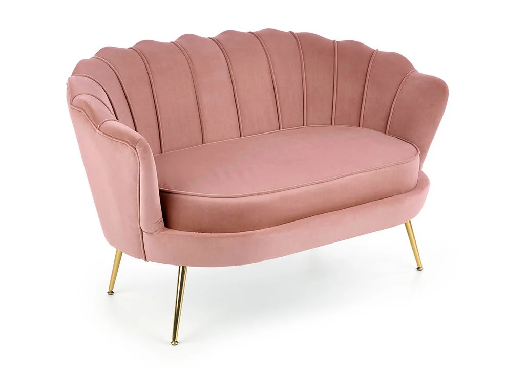 Elegantiška rožinės spalvos veliūrinė sofa Amorinito XL. Ši dvivietė sofa pasiūta iš aukštos kokybės veliūrinio audinio, o kojelės pagamintos iš aukso spalvos milteliniu būdu dažyto plieno.