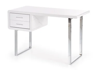 Minimalistinio dizaino rašomasis stalas B30 - nedidelis, blizgios baltos spalvos stalas su chromuotomis metalinėmis kojomis. Stalas turi du patogius stalčius.