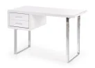 Minimalistinio dizaino rašomasis stalas B30 - nedidelis, blizgios baltos spalvos stalas su chromuotomis metalinėmis kojomis. Stalas turi du patogius stalčius.