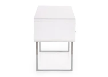 Minimalistinio dizaino rašomasis stalas B30 - nedidelis, blizgios baltos spalvos stalas su chromuotomis metalinėmis kojomis. Stalas turi du patogius stalčius.