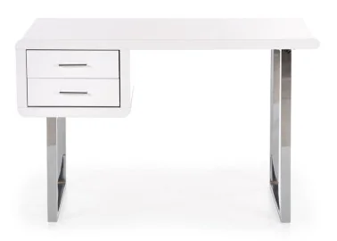 Minimalistinio dizaino rašomasis stalas B30 - nedidelis, blizgios baltos spalvos stalas su chromuotomis metalinėmis kojomis. Stalas turi du patogius stalčius.